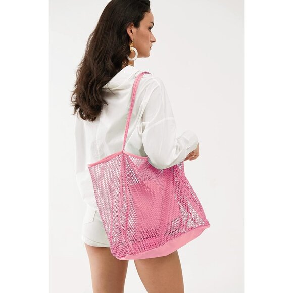 Women's Pink Mesh Beach Nylon & Polyester No-closure Tote Shoulder Handbag - Picture 6 of 6